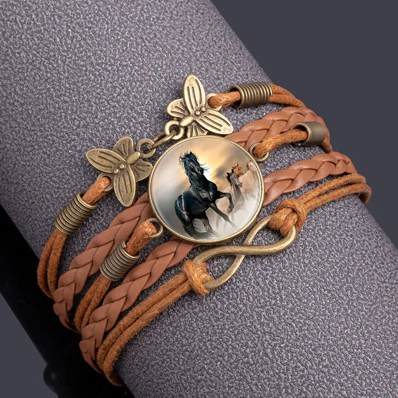 Discover the Elegance of Retro Butterfly Horse PU Leather Glass Bracelets