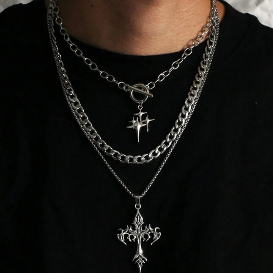 Unisex Retro Hip Hop Rock Thick Chain Star Flame Multi-Layer Necklace - A Must-Have Jewelry Piece