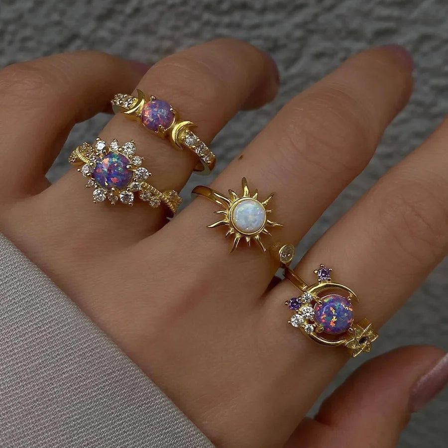 Elevate Your Style with the Elegant Geometric Sun Moon Gemstone Ring Set