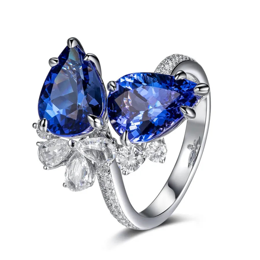 Discover the Elegance of the New Double Diamond Tanzanite Blue Drop Pear-Shaped Ring
