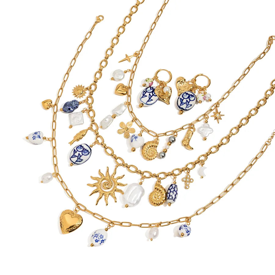 Elevate Your Style with Wholesale Jewelry: Sun Heart Shape Stainless Steel Titanium Steel Pearl Plating Ceramics Cuban Link Chain Curb Chain Earrings and Necklace