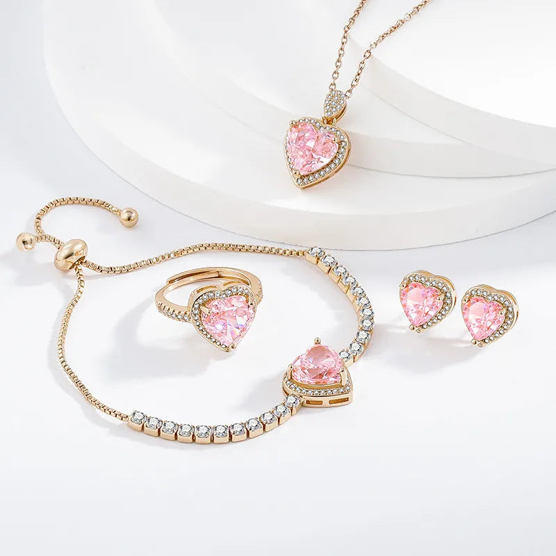 Elevate Your Style with the Gold Plated Copper Zircon Heart Shaped Jewelry Set