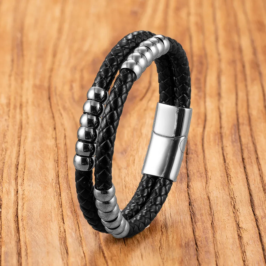 Elevate Your Style with Our Double Layer Men's 316 Stainless Steel Geometric Beaded Bracelet
