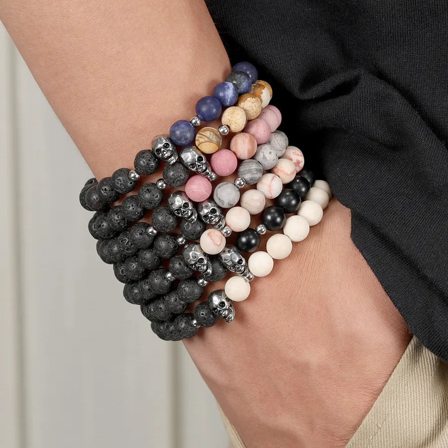 Discover the Elegance of Our Men's Geometric Pattern Frosted Black Agate Volcanic Rock Elastic Bracelet