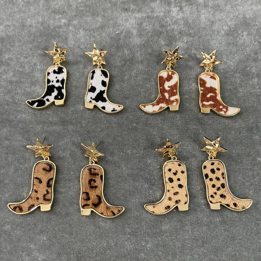 Discover the Charm of Western Style Cow Pattern Hair Booties & Star Stud Earrings