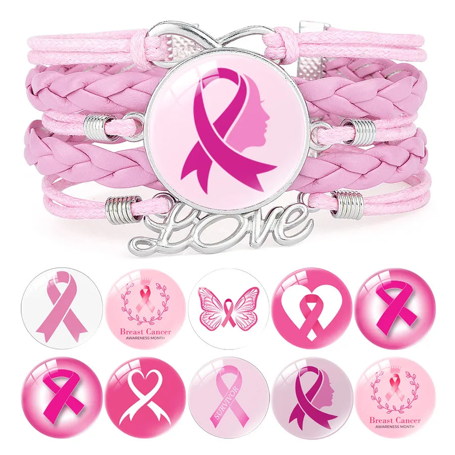 Elegant Pink Butterfly Ribbon Combination Leather Bracelet - A Statement of Love and Awareness