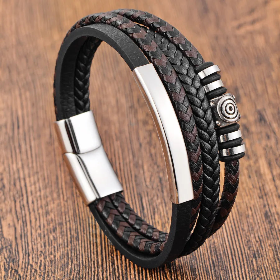 Elevate Your Style with the Black Leather Rope Stainless Steel Double Layer Men's Wristband
