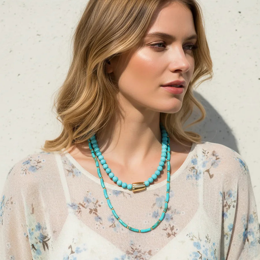 Elevate Your Style with Our Handmade Faux Turquoise Bead Cascading Necklace