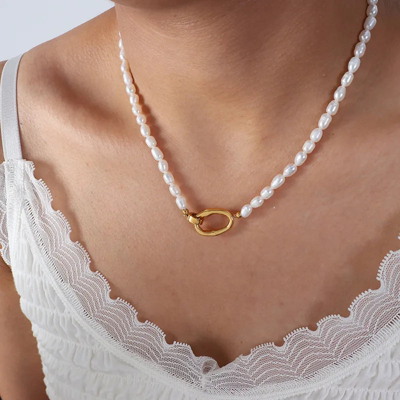 Elevate Your Style with the Freshwater Pearl Titanium Steel Beaded Solid Color Necklace