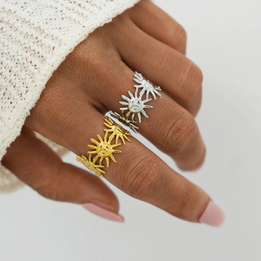 Illuminate Your Style with the 304 Stainless Steel 18K Gold Plated Women's Sun Open Gold Ring