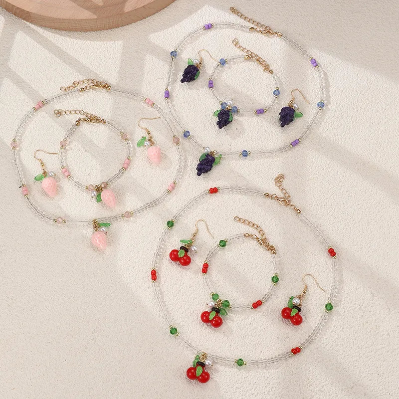 Discover the Charm of Our Children's Jewelry Set: Cherry & Grape Fruit Pendant Starfish Necklace and Bracelet Set