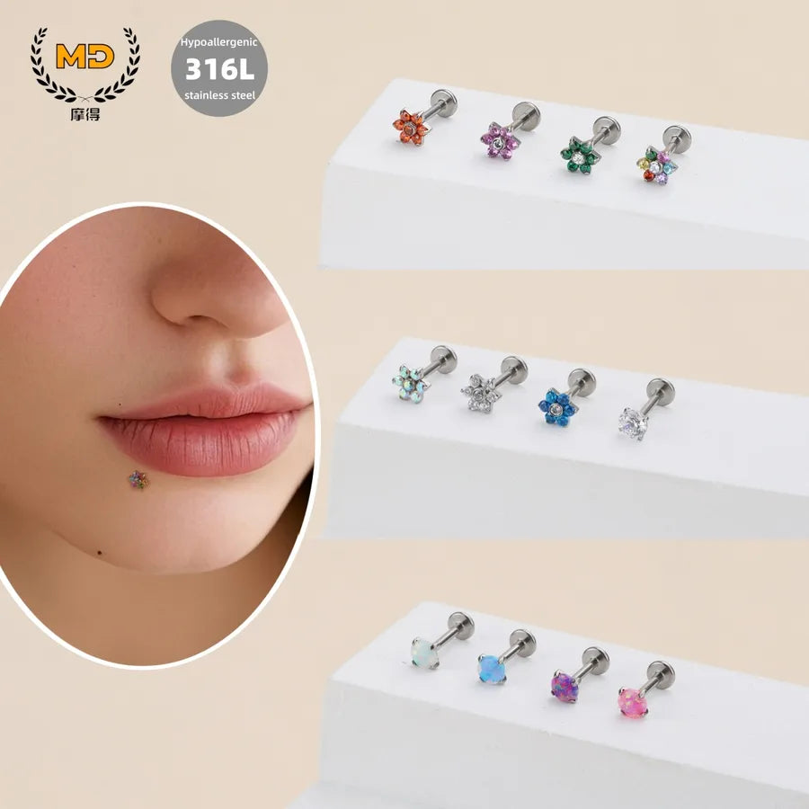 Discover the Elegance of Titanium Alloy Zirconia Flower Lip Studs