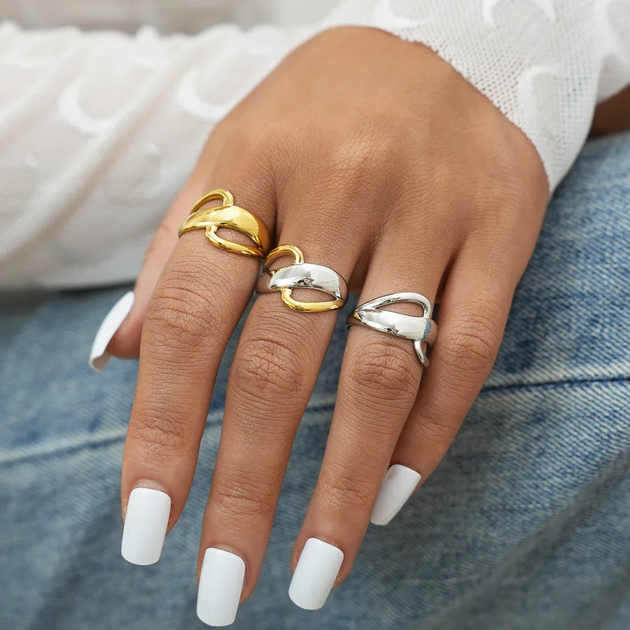 Discover the Elegance of the 304 Stainless Steel 18K Gold Plated Women’s Geometric Line Infinity Symbol Open Ring