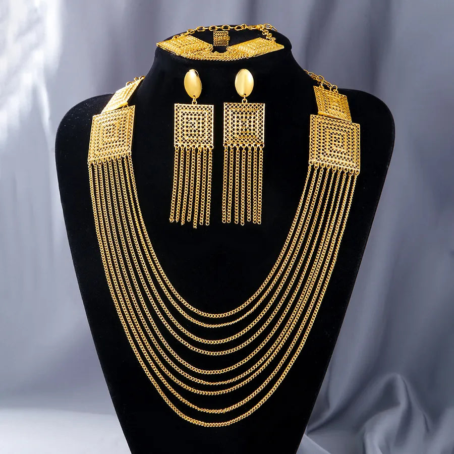 Elevate Your Elegance with the Luxurious Bridal Geometric Copper Tassel Plating 18k Gold Plated Jewelry Set