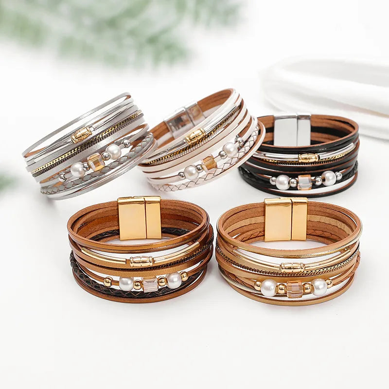 Discover the Elegance of Our New Pearl Multi-Layer Leather Woven Bracelet