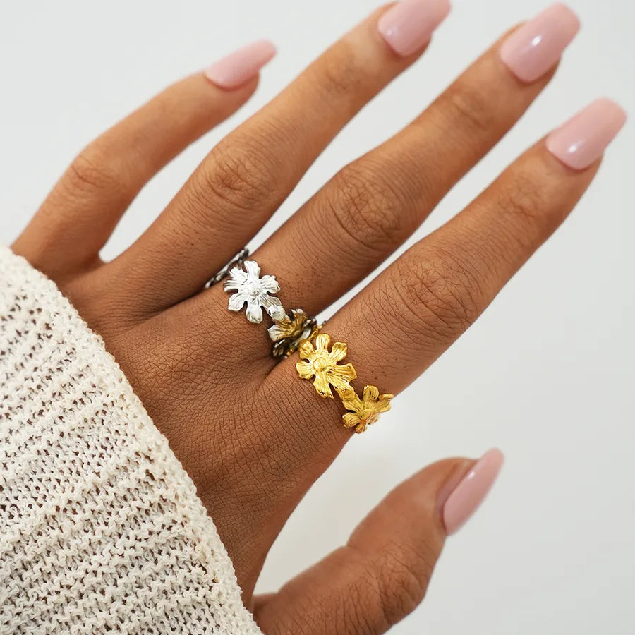 Elevate Your Style with the 304 Stainless Steel 18K Gold Plated Flower Open Ring