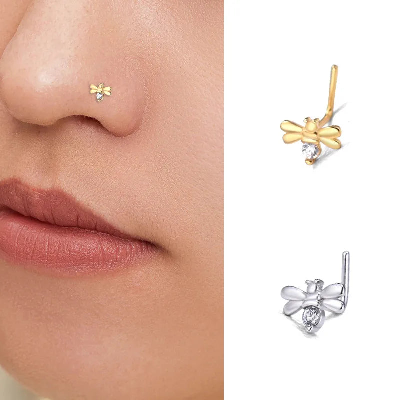 Enhance Your Elegance with the 925 Sterling Silver Zircon Nose Stud L Bar Mini Bee Jewelry