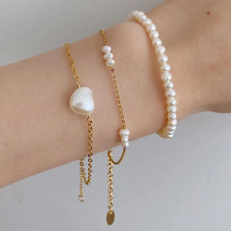 Elevate Your Style with Our Fashionable Stainless Steel Plated Real Gold Round Freshwater Pearl Bracelet