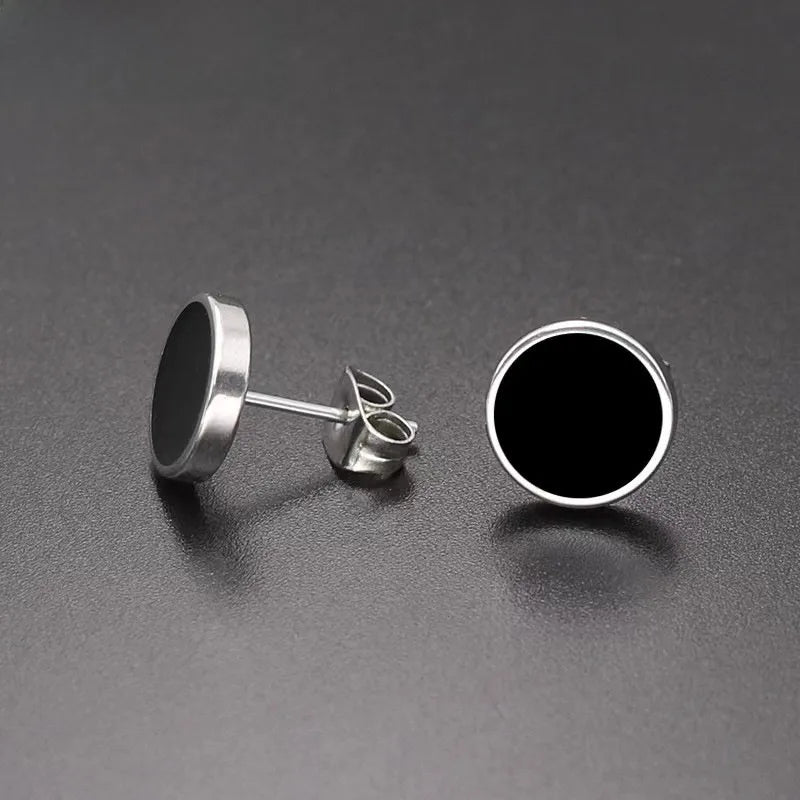 Elevate Your Style with Men's Stainless Steel Round Black Oil Drop Earrings
