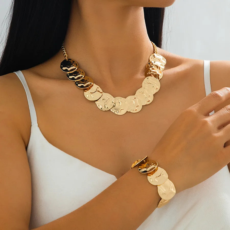 Elevate Your Style with Our Women's Cuban Chain Round Geometric Element Imitation Gold Plated Necklace and Bracelet Set