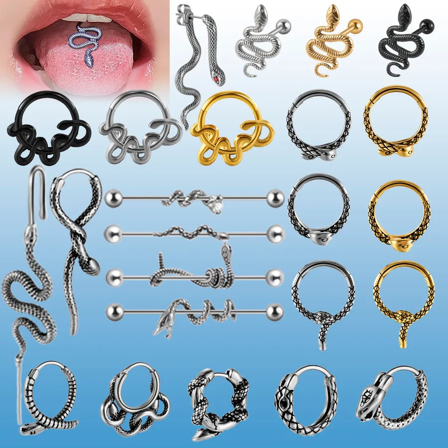 Elevate Your Style with Our Stainless Steel Coiled Snake Industrial Barbell Earrings