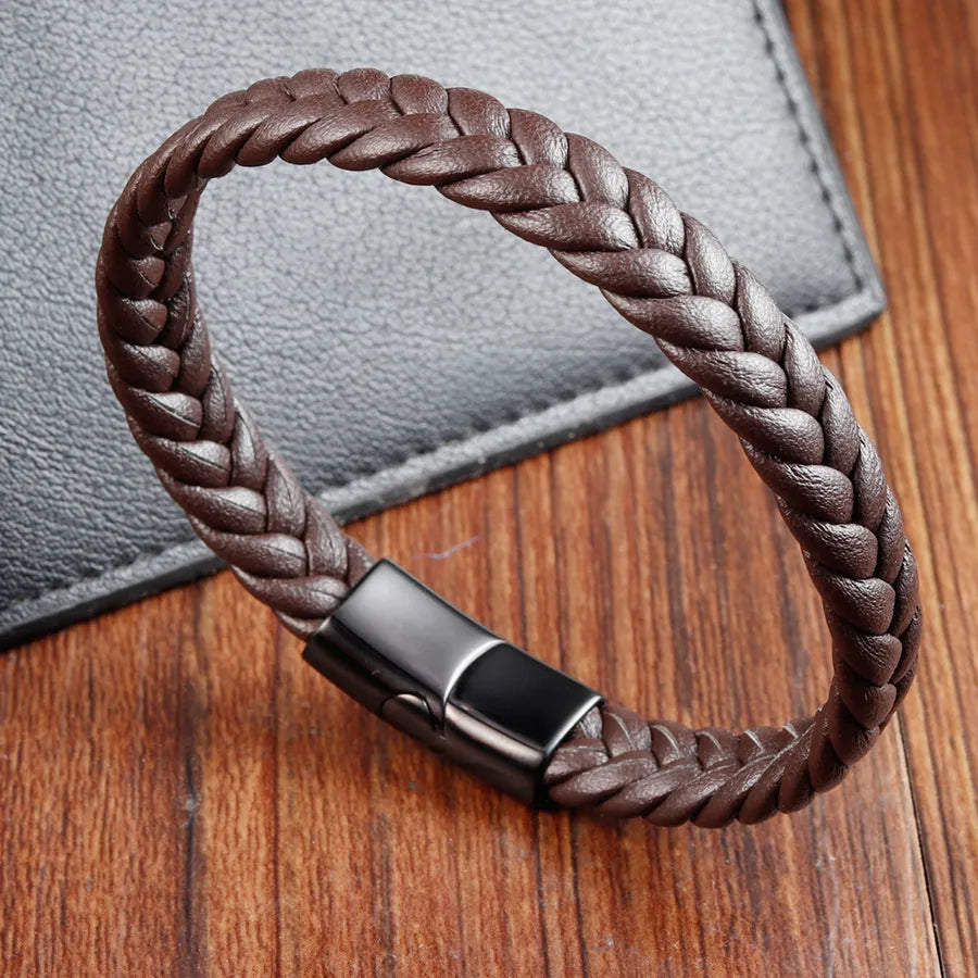 Elevate Your Style with the Men's Black Leather Rope Stainless Steel Double Layer Handmade Braided Bracelet