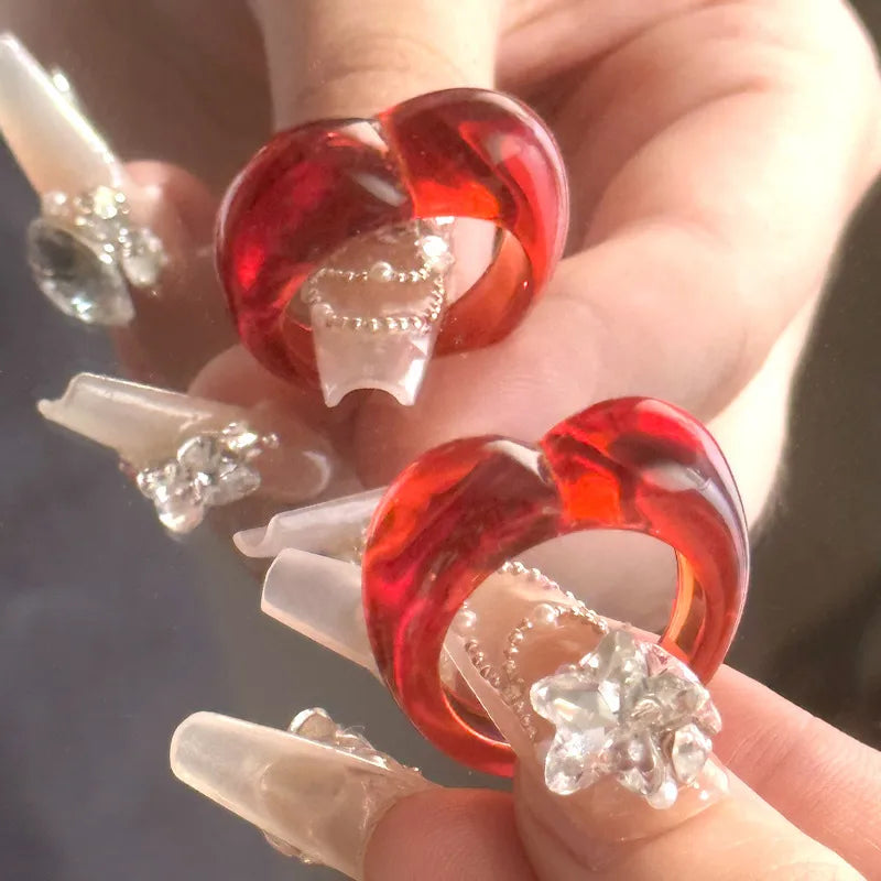 Discover the Elegance of the New Personality Geometric Irregular Resin Transparent Red Ring