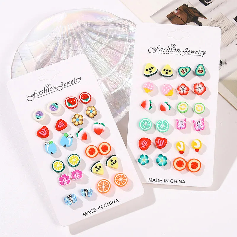 Elevate Your Accessory Game with the 12 Pairs Fashion Simple Cute Style Avocado Orange Fruit Earrings Set