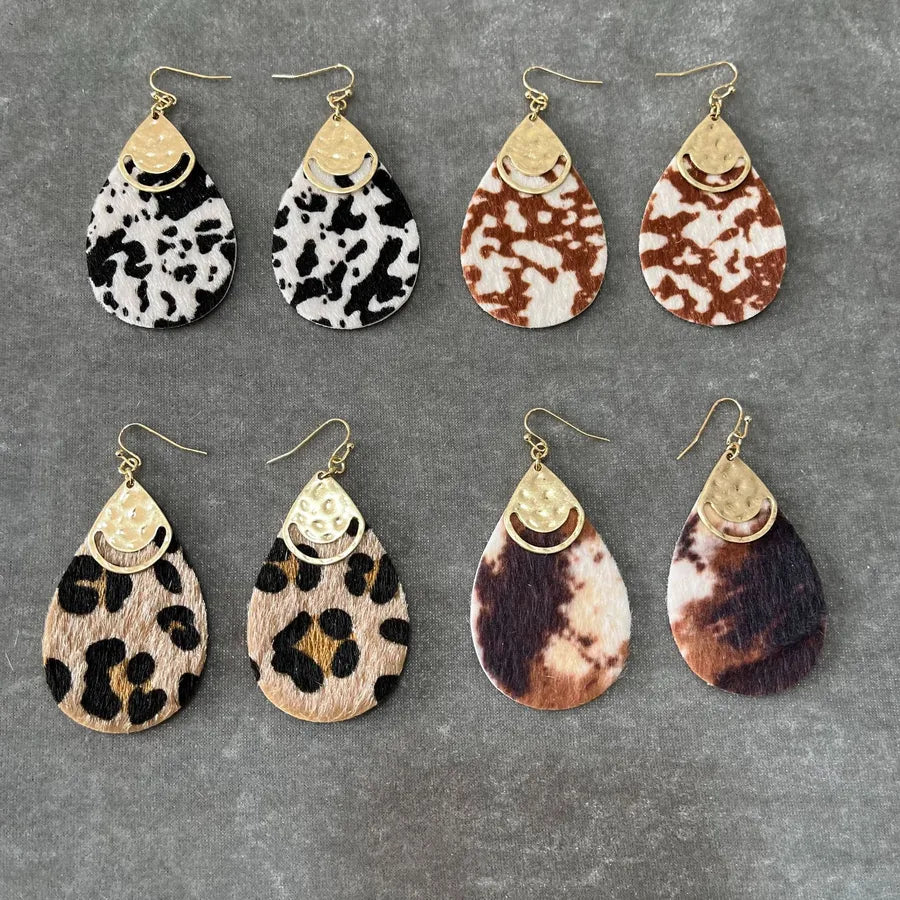 Exaggerated Personality Leopard Print Ladies' Fur and Leather Drop Earrings
