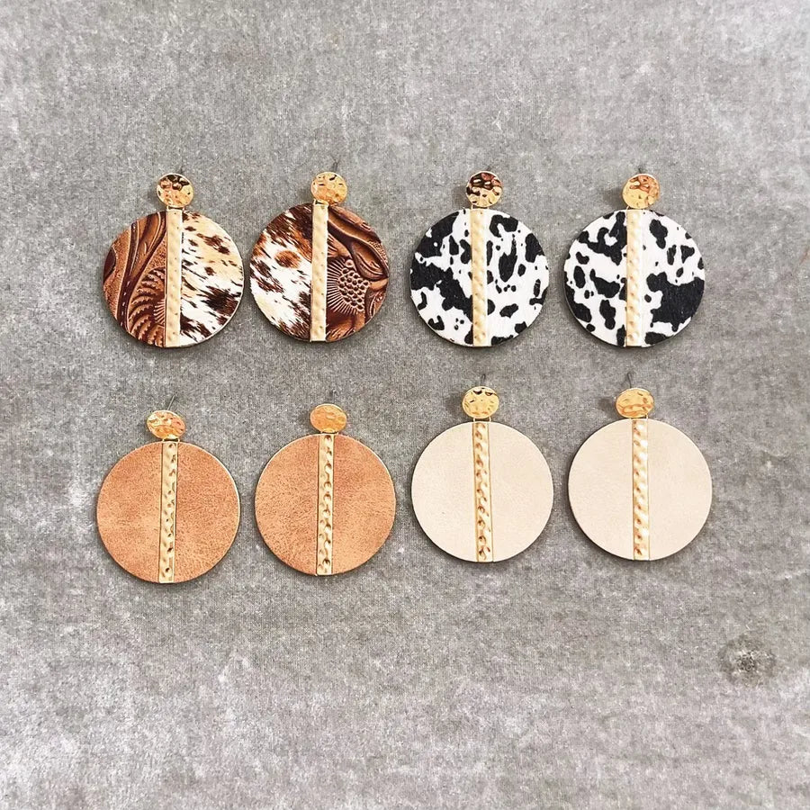 Elevate Your Style with Our Original Design Circular Leather Splicing Cow Pattern Earrings