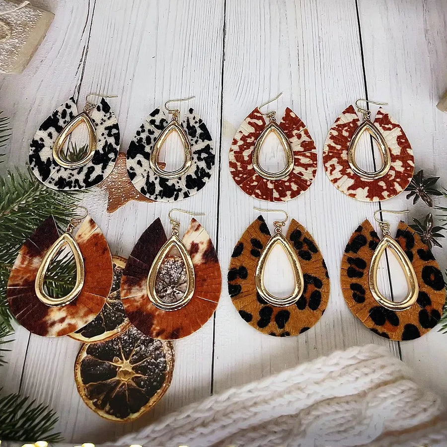Discover the Bohemian Western Cowboy Ethnic Style Leopard Print Leather Earrings