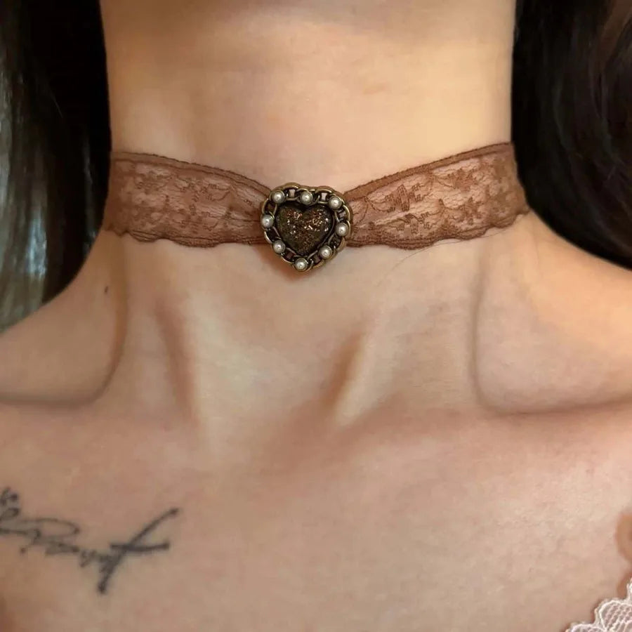 Discover the Elegance of the Coffee Lace Heart-Shaped Choker Necklace