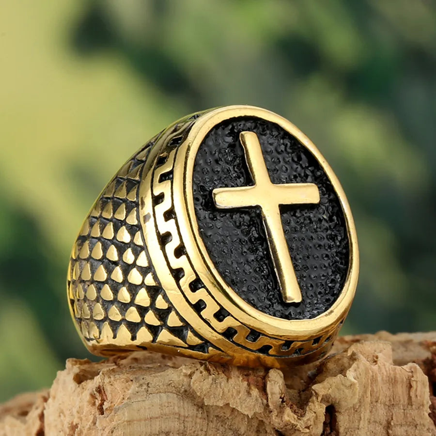 Discover the Elegance of Our Handcrafted Stainless Steel Men's Ring with Cross Design