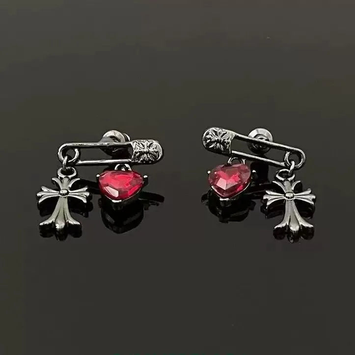 Elevate Your Style with Dark Geometry Heart Rhinestone Cross Earrings