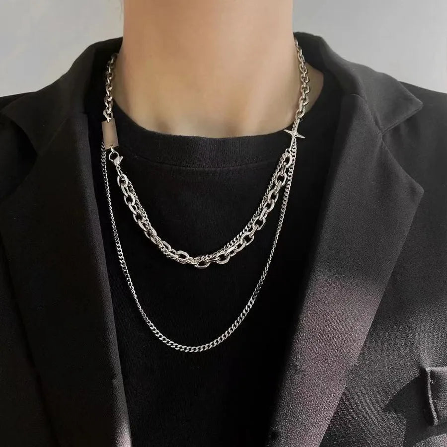 Elevate Your Style with Our Titanium Steel Long Double Layered Geometric Pattern Necklace