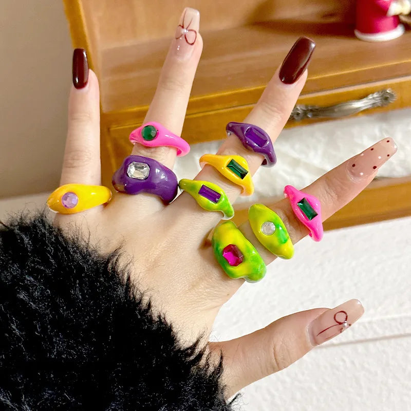 Discover the Elegance of Colorful 3D Resin Diamond Embedded Rings