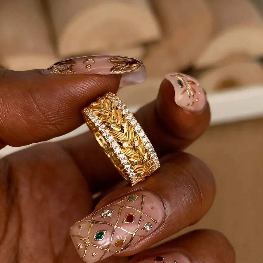 Elevate Your Style with Our Retro Grain Copper Zircon 18K Gold Plated Rings
