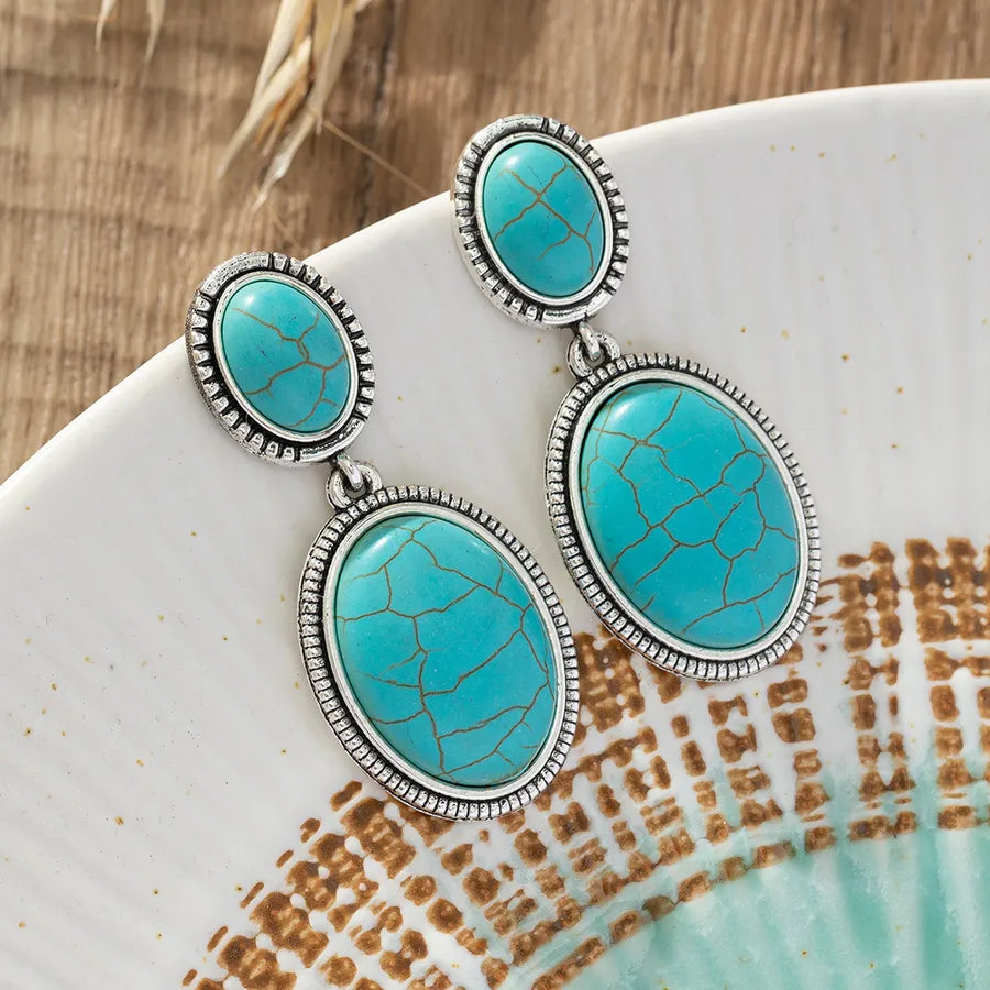 Exaggerated Bohemian Style Tear Drop Shaped Turquoise Dangle Earrings