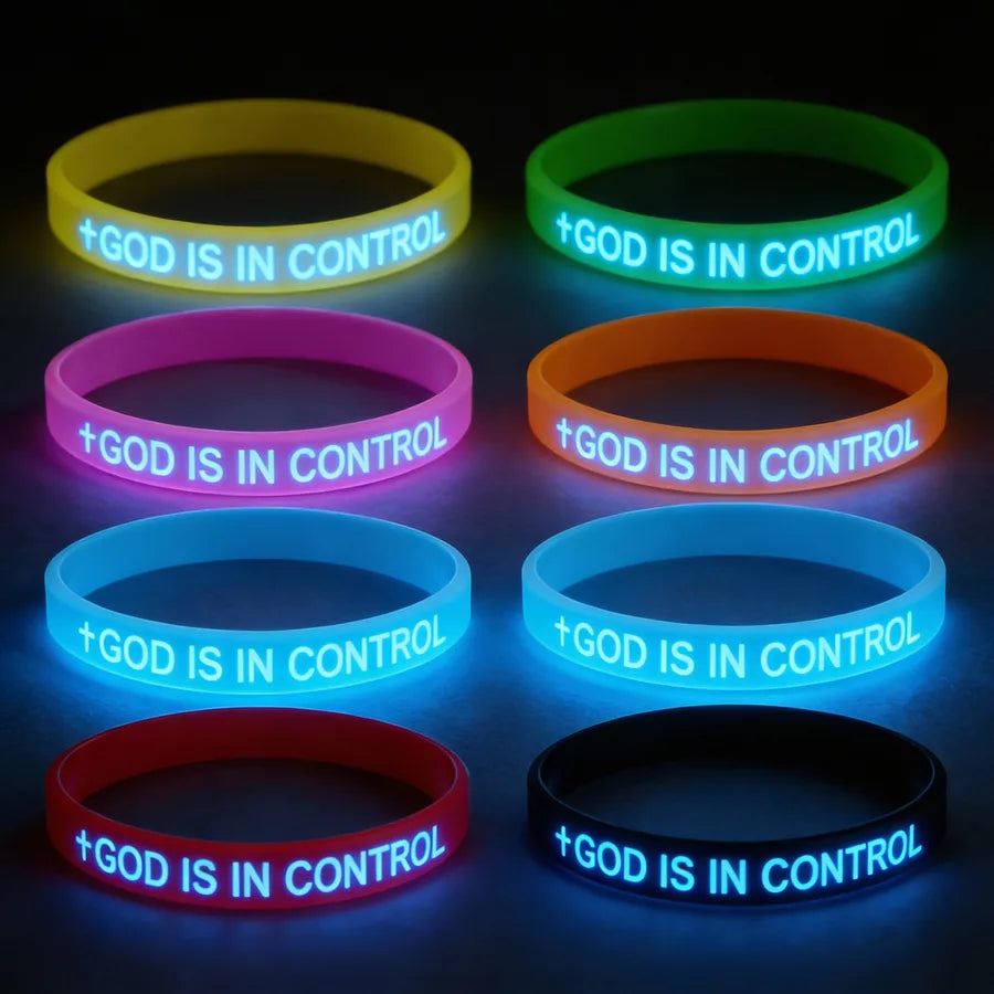 Illuminate Your Style with the 7-Piece 'God Controls Everything' Luminous Silicone Letter Bracelet Set