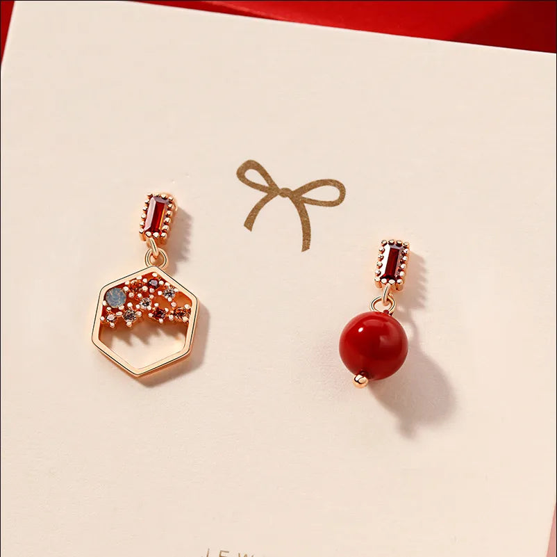 Elevate Your Style with Asymmetric Red Bean Silver Needle Earrings
