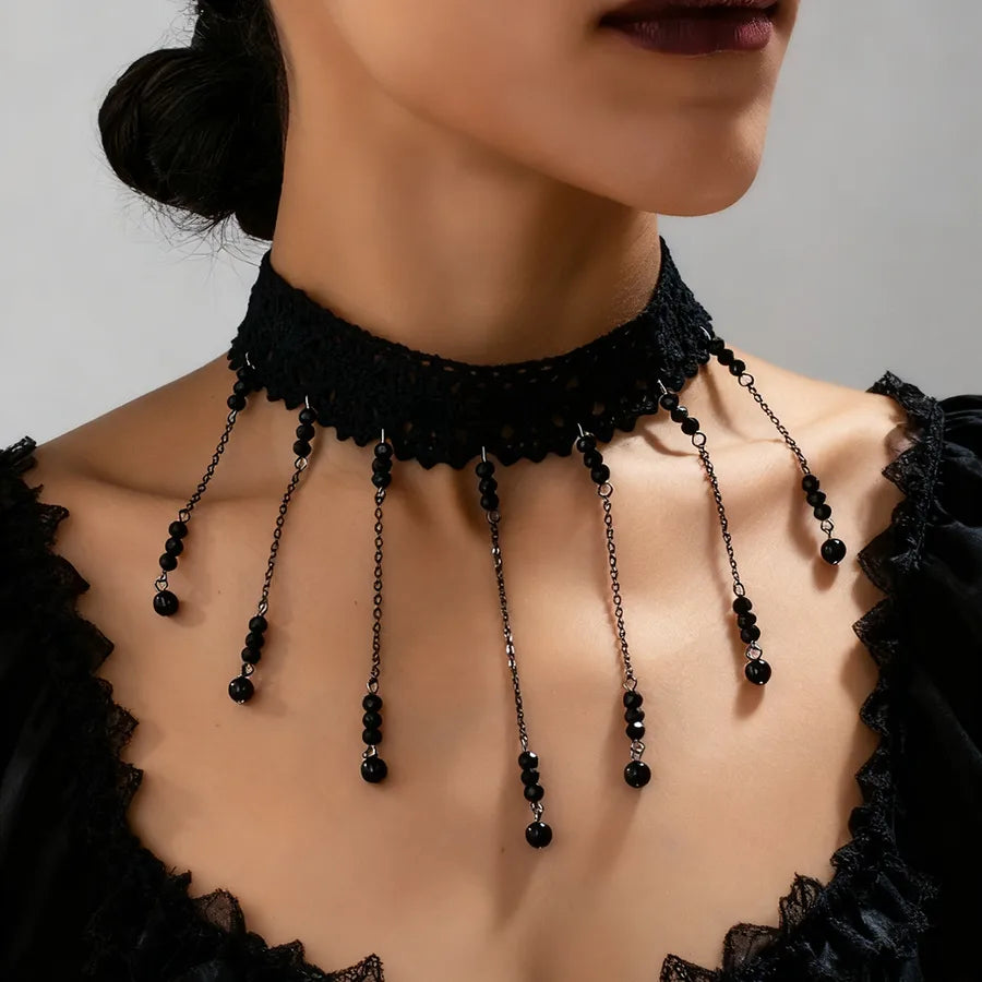 Elevate Your Style with the Women's Retro Sweet Cool Style Dark Glass Tassel Lace Choker Necklace