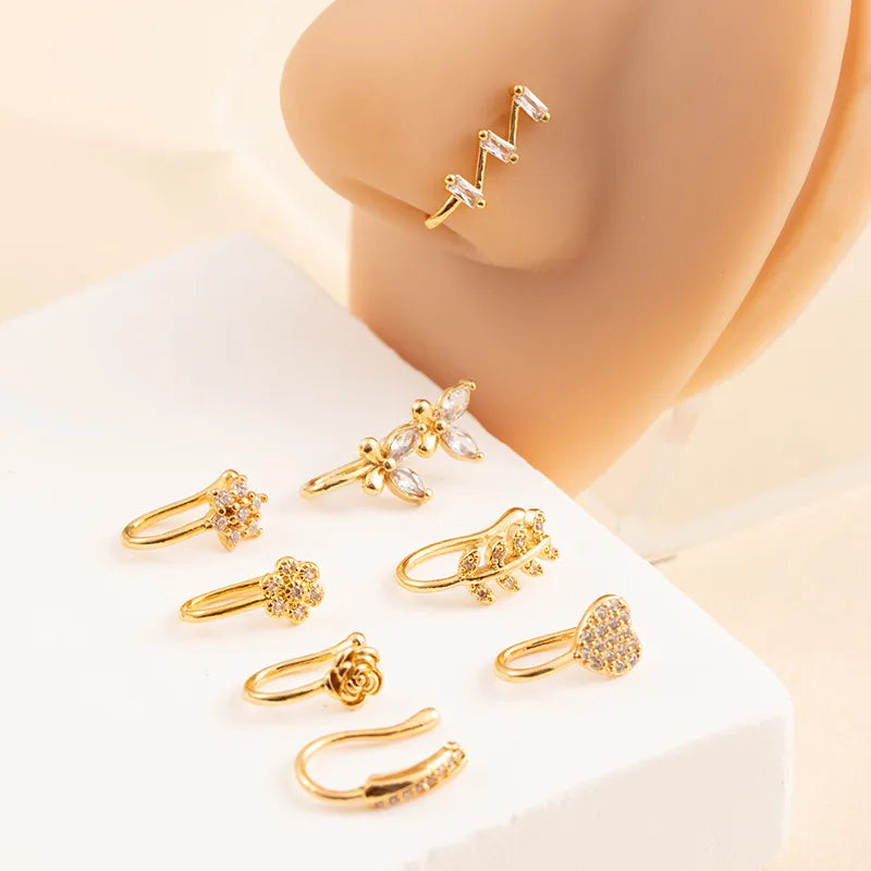 Elevate Your Style with the No Piercing Copper Zirconia Heart Leaf U-Shaped Nose Ring