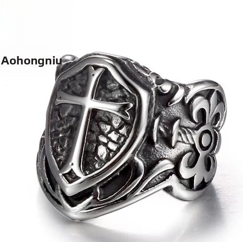Discover the Elegance of the Titanium Steel Shield Cross Ring