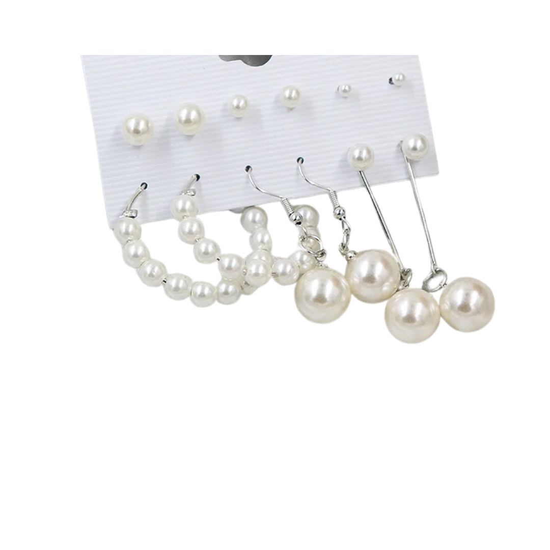 6 pairs imitation pearl set - Silver color - FLA1072