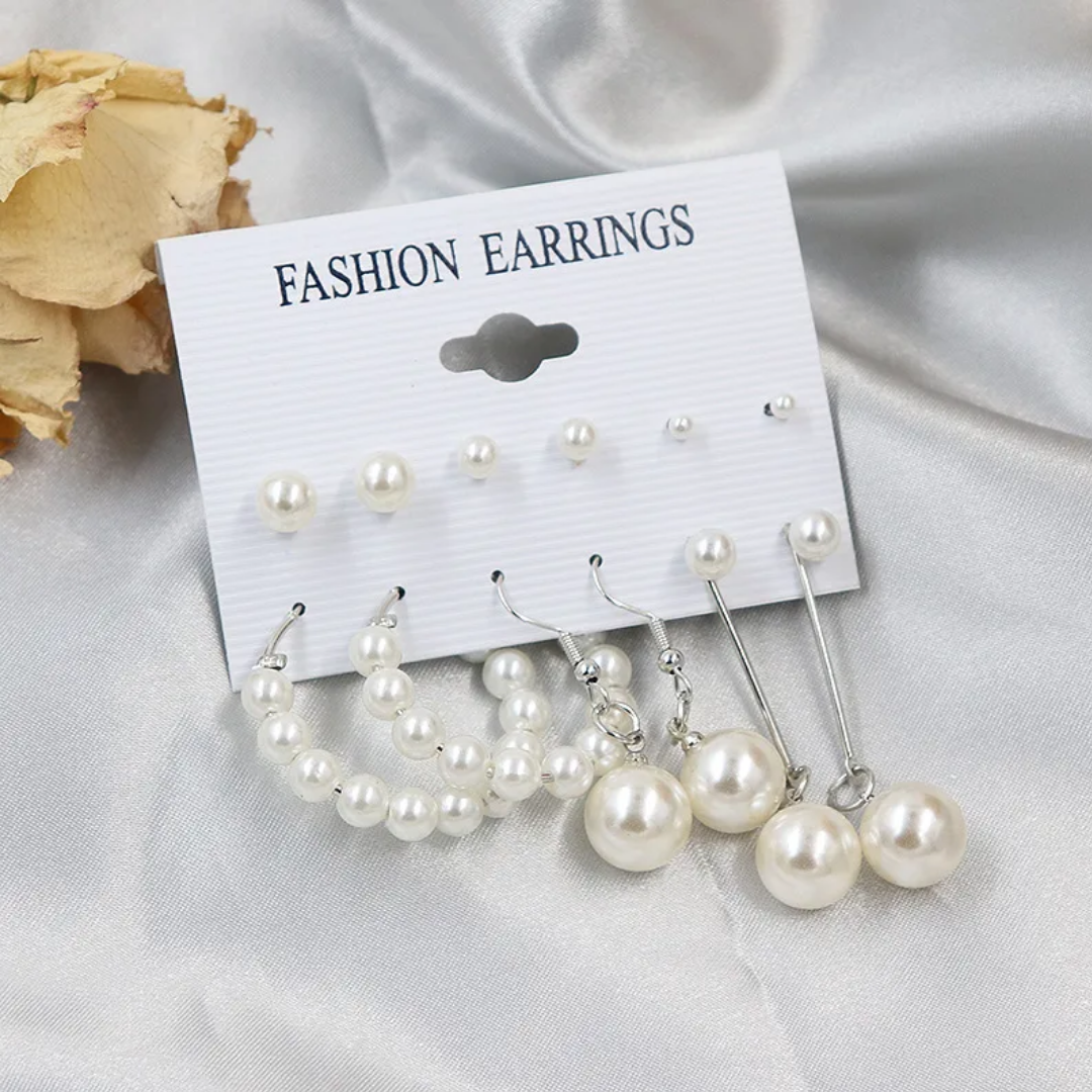 6 pairs imitation pearl set - Silver color - FLA1072