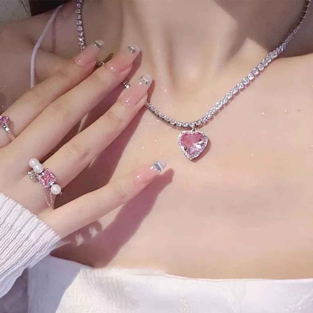 flavouredlove pink Sweet Heart Shape Alloy Inlay Zircon Women's Pendant Necklace - FLA1076
