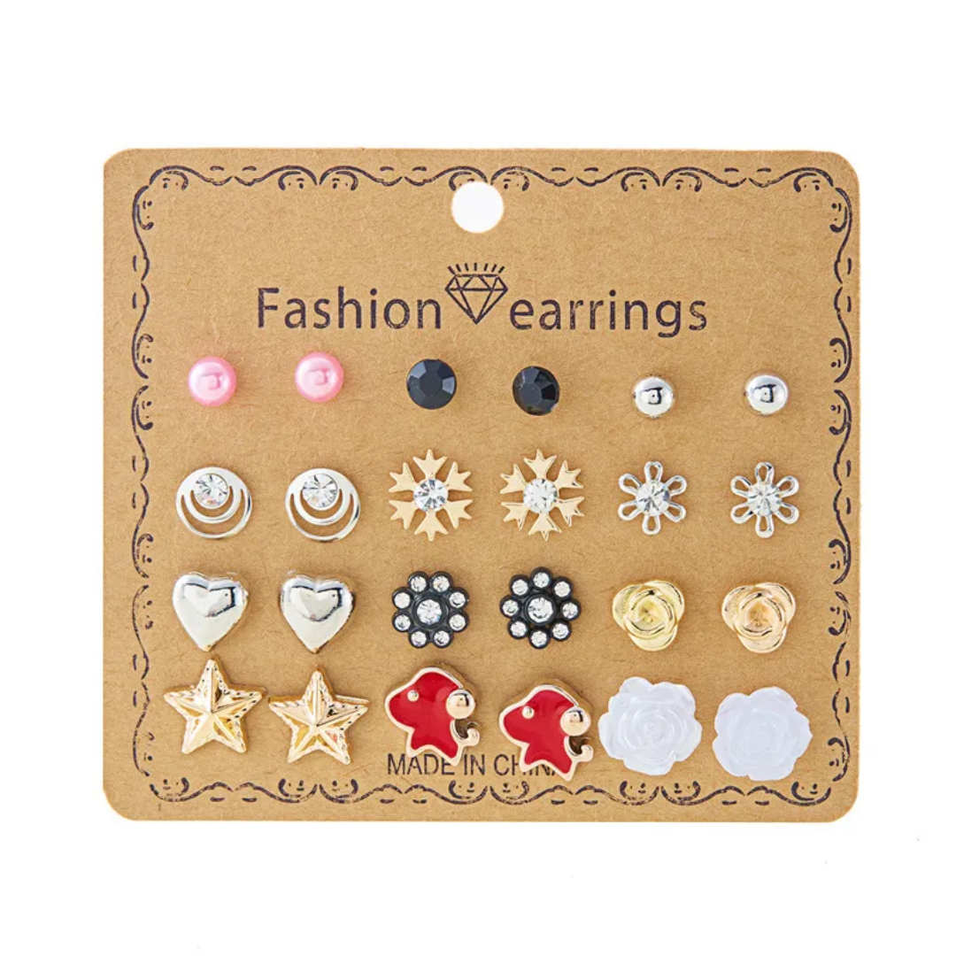 flavouredlove 12 pairs Latest Stylish snowflake crystal star pearl earrings studs for girls - FLA1089