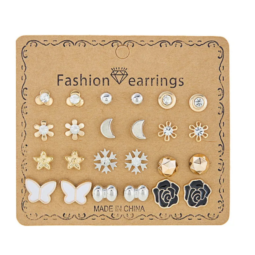 flavouredlove 12 pairs butterfly snowflake rose flower studs earrings for girls - FLA1095