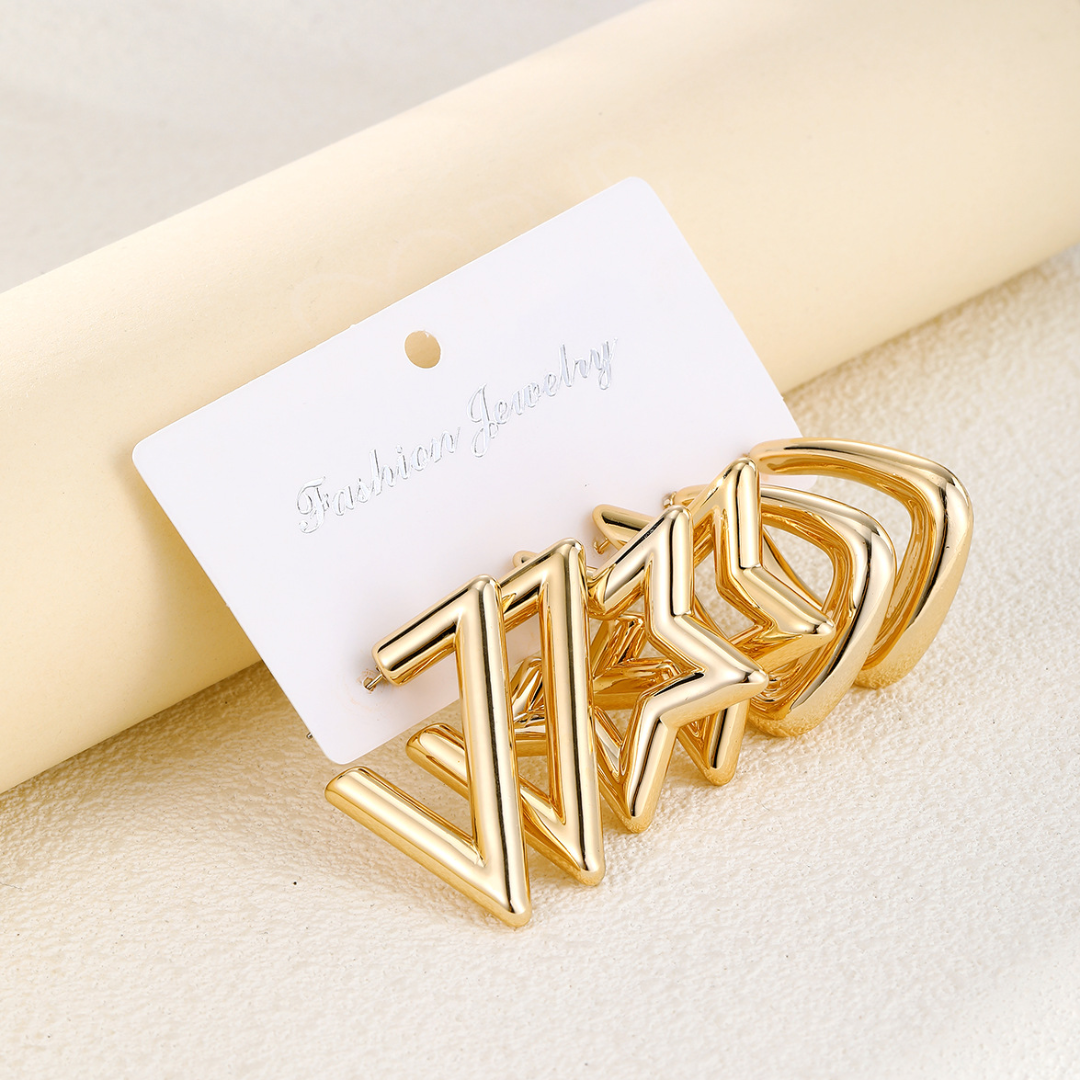 flavouredlove 3 pairs gold plated Simple Style Triangle Star Solid Color Plating Alloy Earrings - FLA1056