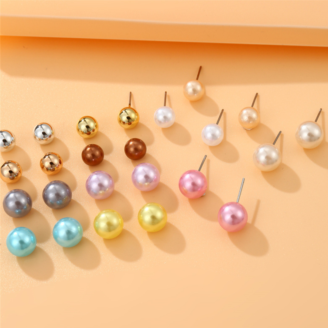 flavouredlove 12 pairs Sweet Geometric Solid Color Stoving Varnish Imitation Pearl Ear Studs - FLA1053